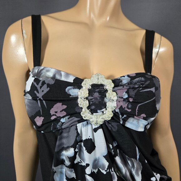 Y2K McBling Black Floral Sleeveless Top Big Buckle Size M Gothic Fairy Babydoll - Picture 3 of 10